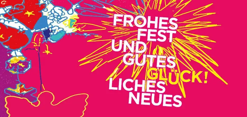 Weihnachtskarte 2017 in Pink und Gelb: »Frohes Fest und Gutes Glück«