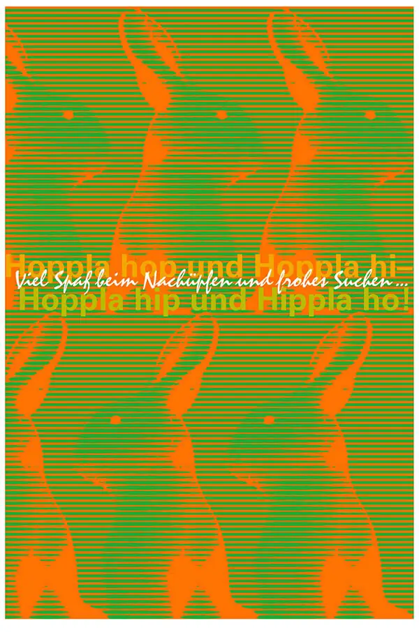Osterkarte in Grün und Orange mit Hasen: »Hopplahopp«
